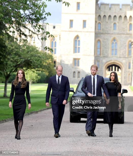 Catherine, Princess of Wales, Prince William, Prince of Wales, Prince Harry, Duke of Sussex, and Meghan, Duchess of Sussex on the long Walk at...