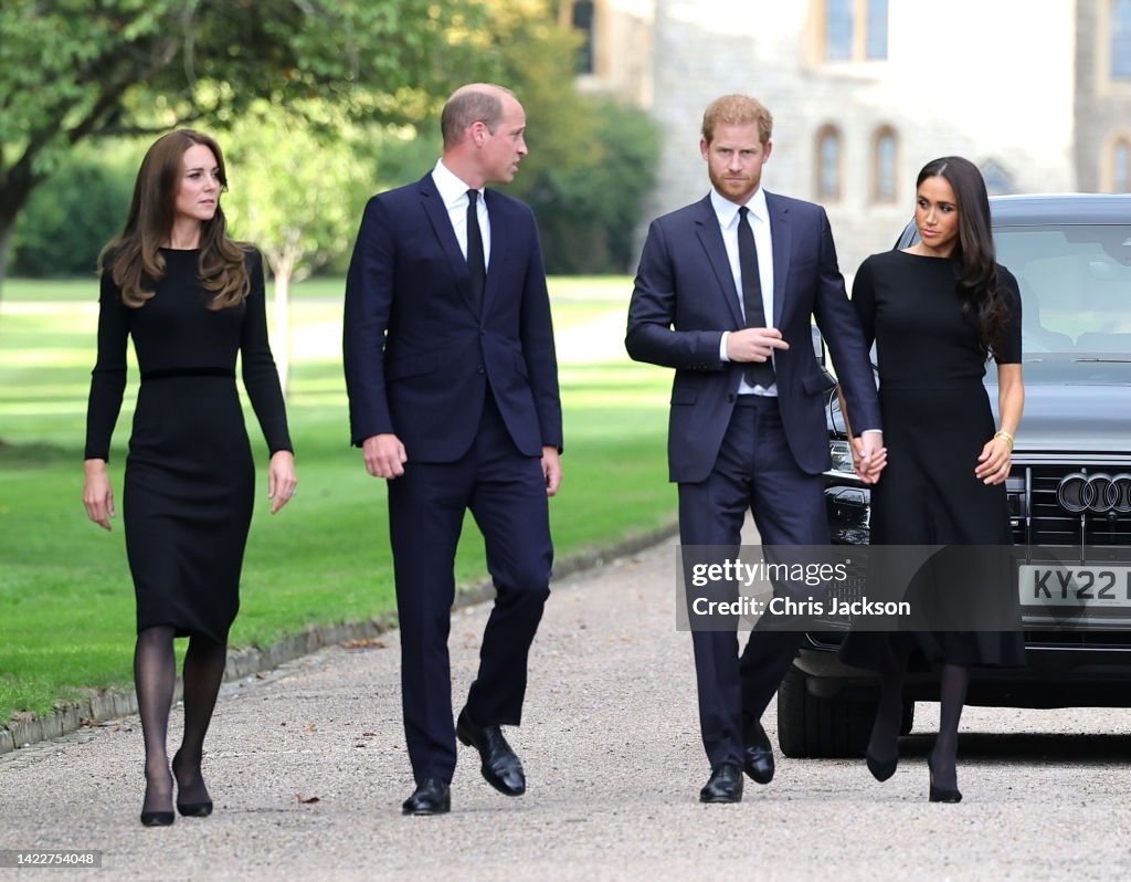 The Prince and Princess of Wales Accompanied By The Duke And Duchess Of Sussex Greet Wellwishers Outside Windsor Castle
