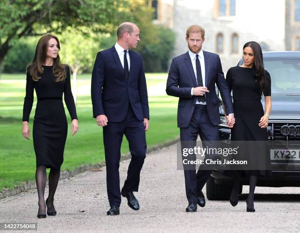 Catherine, Princess of Wales, Prince William, Prince of Wales, Prince Harry, Duke of Sussex, and Meghan, Duchess of Sussex on the long Walk at...