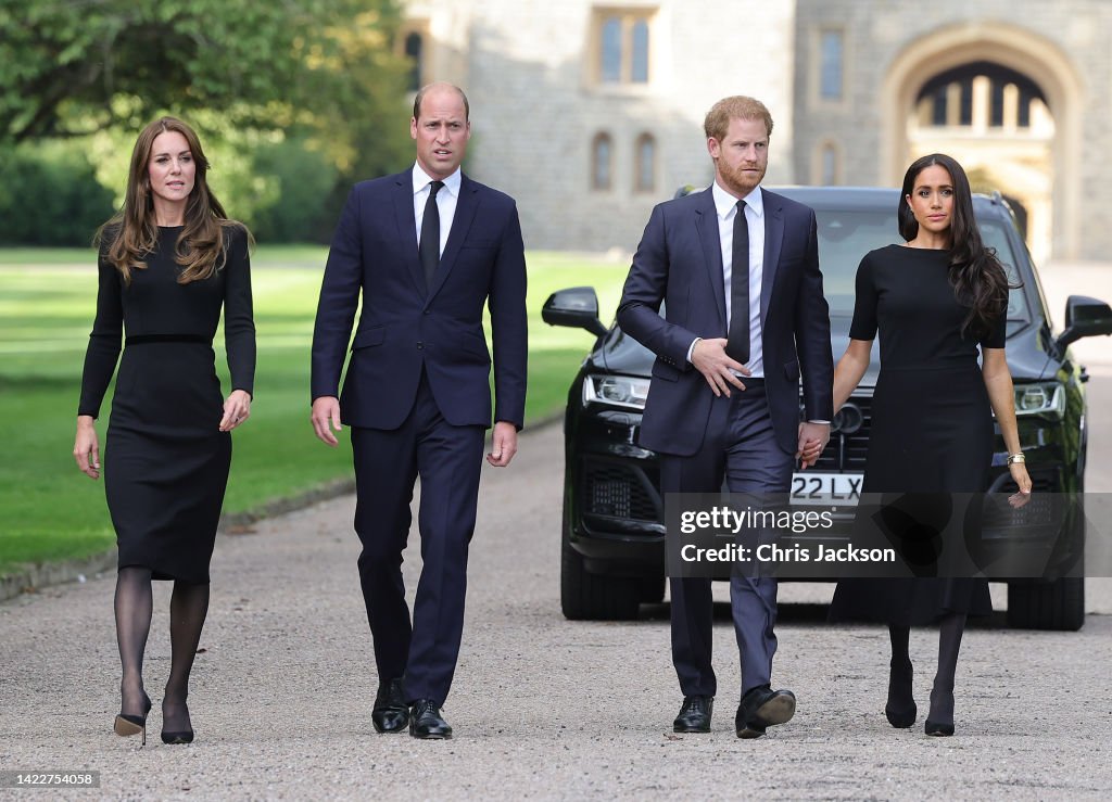 The Prince and Princess of Wales Accompanied By The Duke And Duchess Of Sussex Greet Wellwishers Outside Windsor Castle