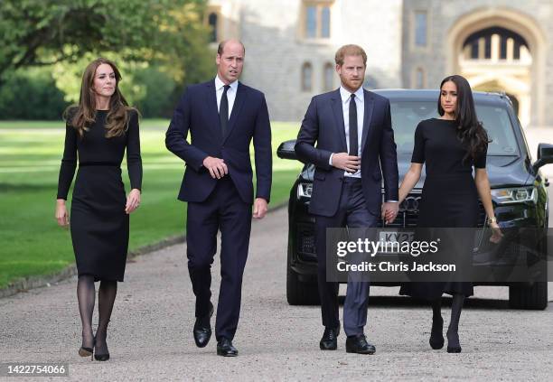 Catherine, Princess of Wales, Prince William, Prince of Wales, Prince Harry, Duke of Sussex, and Meghan, Duchess of Sussex on the long Walk at...