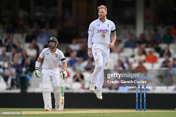 England captain Ben Stokes celebrates dismissing Sarel Erwee of South Afrcia during day four of the Third LV= Insurance Test Match between England...