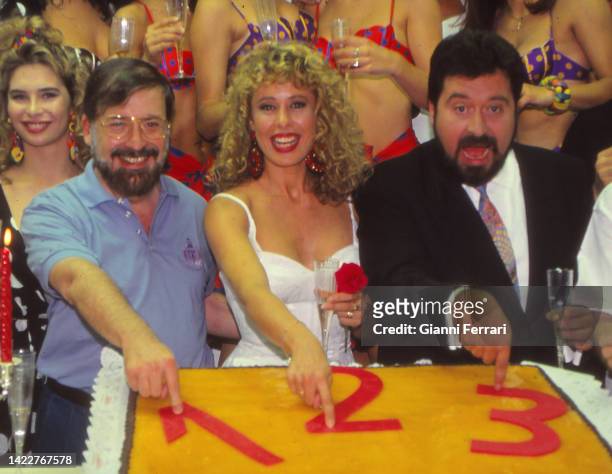 Chicho Ibañez Serrador , Miriam Diaz Aroca and Jordi Estadella in the Spanish television program "1 3", Madrid, Spain, 1992.