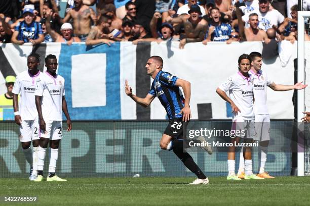 Merih Demiral of Atalanta BC celebrates after scoring their side's first goal during the Serie A match between Atalanta BC and US Cremonese at Gewiss...