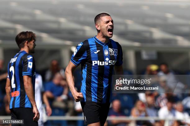 Merih Demiral of Atalanta BC celebrates after scoring their side's first goal during the Serie A match between Atalanta BC and US Cremonese at Gewiss...