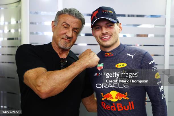 Max Verstappen of the Netherlands and Oracle Red Bull Racing meets Sylvester Stallone in the garage prior to the F1 Grand Prix of Italy at Autodromo...