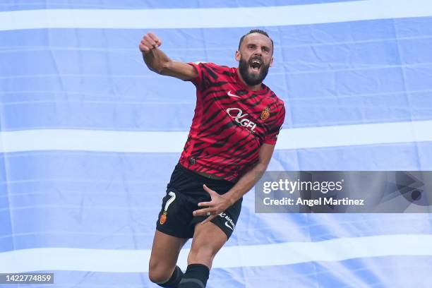 Vedat Muriqi of RCD Mallorca celebrates after scoring their side's first goal during the LaLiga Santander match between Real Madrid CF and RCD...