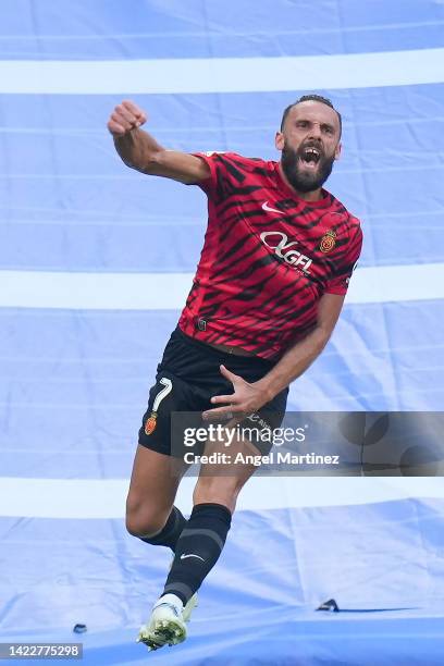 Vedat Muriqi of RCD Mallorca celebrates after scoring their side's first goal during the LaLiga Santander match between Real Madrid CF and RCD...