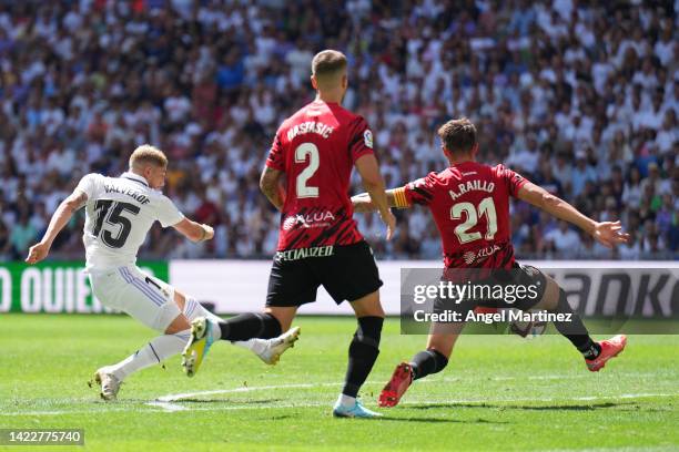 Federico Valverde of Real Madrid CF scores their side's first goal during the LaLiga Santander match between Real Madrid CF and RCD Mallorca at...