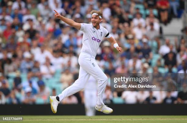 Stuart Broad of England celebrates taking the wicket of Dean Elgar of South Africa during Day Four of the Third LV= Insurance Test Match between...