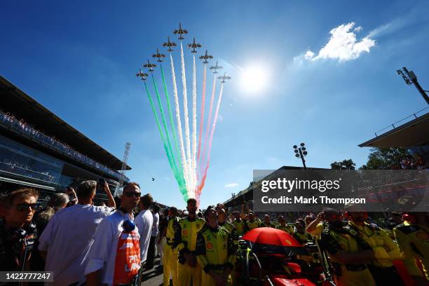 An aerial display is pictured over the circuit during the F1 Grand Prix of Italy at Autodromo Nazionale Monza on September 11, 2022 in Monza, Italy.