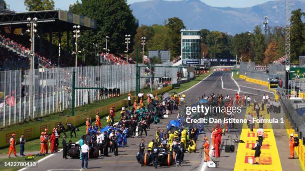 Rear view of the grid preparations during the F1 Grand Prix of Italy at Autodromo Nazionale Monza on September 11, 2022 in Monza, Italy.