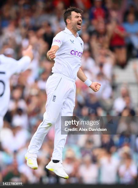 James Anderson of England celebrates taking the wicket of Keegan Petersen of South Africa during Day Four of the Third LV= Insurance Test Match...