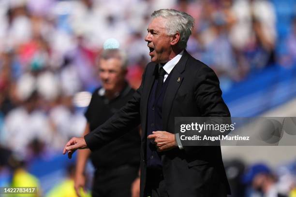 Carlo Ancelotti, Head Coach of Real Madrid reacts during the LaLiga Santander match between Real Madrid CF and RCD Mallorca at Estadio Santiago...