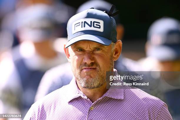 Lee Westwood of England walks to the tee box on the 18th hole during Round Three on Day Four of the BMW PGA Championship at Wentworth Golf Club on...