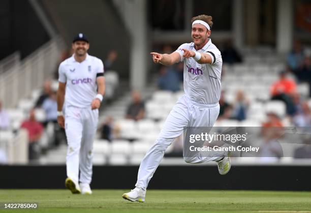 Stuart Broad of England celebrates after dismissing Ryan Rickelton of South Africa during day four of the Third LV= Insurance Test Match between...