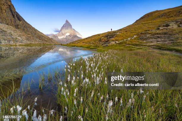 one hiker enjoys the beautiful view from rifflesee lake to matterhorn mountain, during an summer morning, zermatt, canton of valais, switzerland, europe - valais canton photos et images de collection