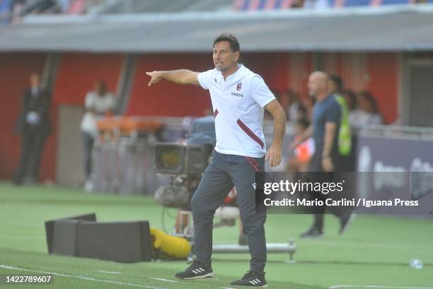 Luca Vigiani head coach of Bologna FC gestures during the Serie A match between Bologna FC and ACF Fiorentina at Stadio Renato Dall'Ara on September...