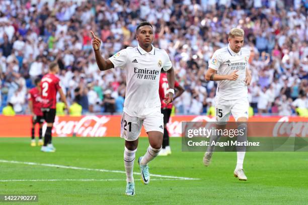 Rodrygo of Real Madrid celebrates after scoring their team's third goal during the LaLiga Santander match between Real Madrid CF and RCD Mallorca at...