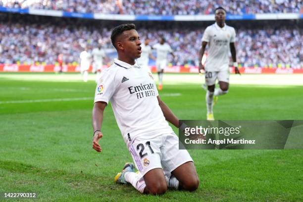 Rodrygo of Real Madrid celebrates after scoring their team's third goal during the LaLiga Santander match between Real Madrid CF and RCD Mallorca at...