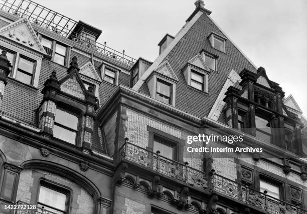 Detail view of the east roof of the Dakota Apartments at 1 West 72nd Steet on Central Park West in New York City, New York, 1965. It was designed by...