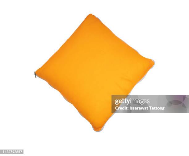 orange pillow square shape top view. comfortable cushion for sleep, rest, relax mockups set pillow isolated on white. - cushion photos et images de collection