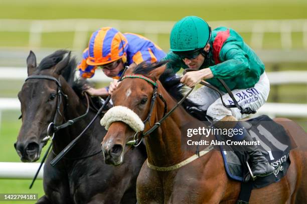 Chris Hayes riding Tahiyra win The Moyglare Stud Stakes at Curragh Racecourse on September 11, 2022 in Kildare, Ireland.