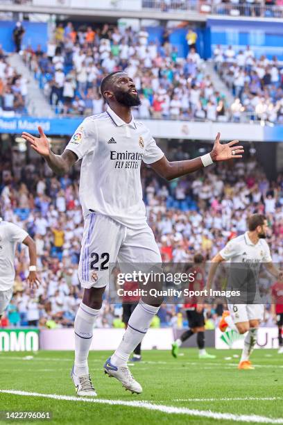 Antonio Rudiger of Real Madrid celebrates after scoring his team's fourth goal during the LaLiga Santander match between Real Madrid CF and RCD...