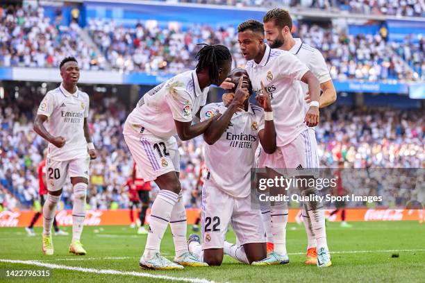Antonio Rudiger of Real Madrid celebrates after scoring his team's fourth goal during the LaLiga Santander match between Real Madrid CF and RCD...