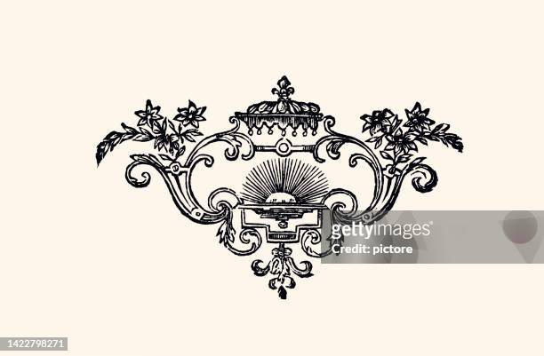stockillustraties, clipart, cartoons en iconen met ornamental pattern from the louis xiv period, with a sun: design element (xxxl with many details) - emmanuelle beart decorated at french ministry of culture