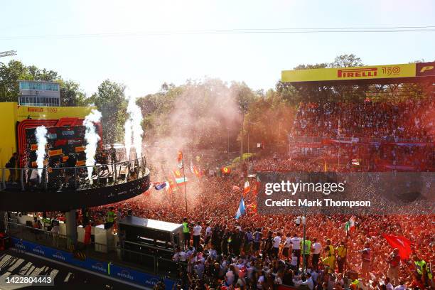 General view of the podium as Race winner Max Verstappen of the Netherlands and Oracle Red Bull Racing, Second placed Charles Leclerc of Monaco and...