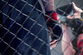 concept of mixed martial arts. MMA.  close up hand and cage is a metal wire