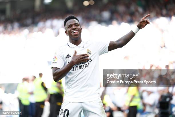 Vinicius Junior of Real Madrid celebrates a goal during the Spanish League, La Liga Santander, football match played between Real Madrid and RCD...