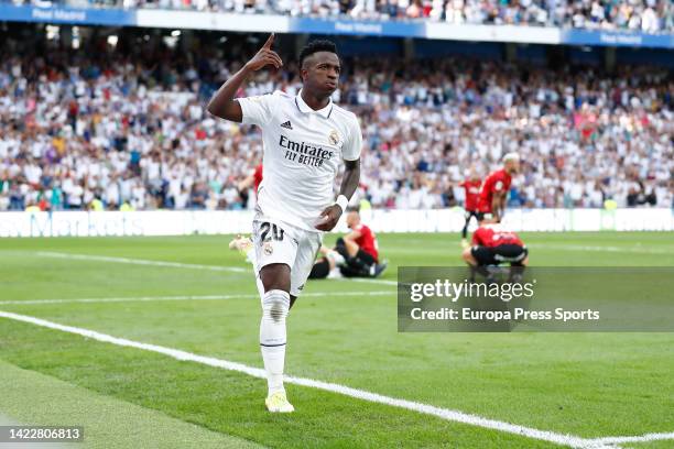 Vinicius Junior of Real Madrid celebrates a goal during the Spanish League, La Liga Santander, football match played between Real Madrid and RCD...