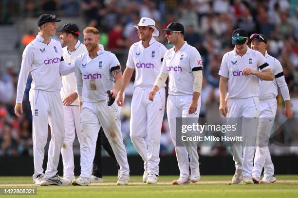 Ben Stokes of England is congratulated by team mates after bowling Marco Jansen of South Africa during Day Four of the Third LV= Insurance Test Match...