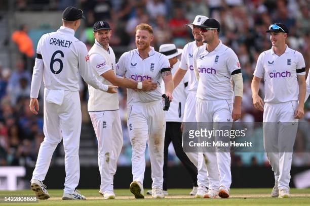 Ben Stokes of England is congratulated by team mates after bowling Marco Jansen of South Africa during Day Four of the Third LV= Insurance Test Match...