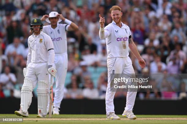 Ben Stokes of England celebrates after bowling Marco Jansen of South Africa during Day Four of the Third LV= Insurance Test Match between England and...