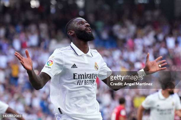 Antonio Rudiger of Real Madrid celebrates after scoring their team's fourth goal during the LaLiga Santander match between Real Madrid CF and RCD...