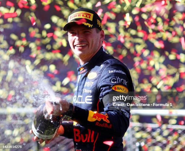 Race winner Max Verstappen of the Netherlands and Oracle Red Bull Racing celebrates on the podium during the F1 Grand Prix of Italy at Autodromo...