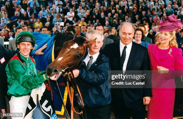 Johnny Murtagh, Prince Karim Aga Khan and Begum Inaara attend the Arc de Triomphe Prize on October 01, 2000 in Paris, France.