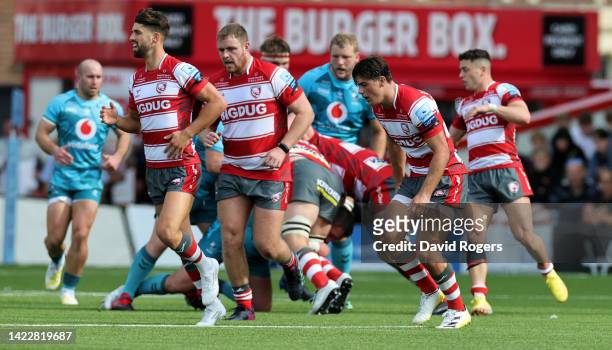 Louis Rees-Zammit of Gloucester seems to be in pain prior to half time during the Gallagher Premiership Rugby match between Gloucester Rugby and...