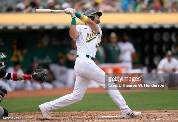 Cody Thomas of the Oakland Athletics bats against the Chicago White Sox in the bottom of the third inning at RingCentral Coliseum on September 10,...