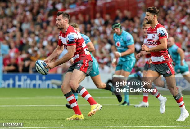 Mark Atkinson of Gloucester passes the ball during the Gallagher Premiership Rugby match between Gloucester Rugby and Wasps at Kingsholm Stadium on...