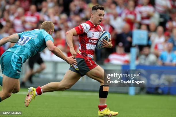 Charlie Chapman of Gloucester breaks clear to score a try during the Gallagher Premiership Rugby match between Gloucester Rugby and Wasps at...