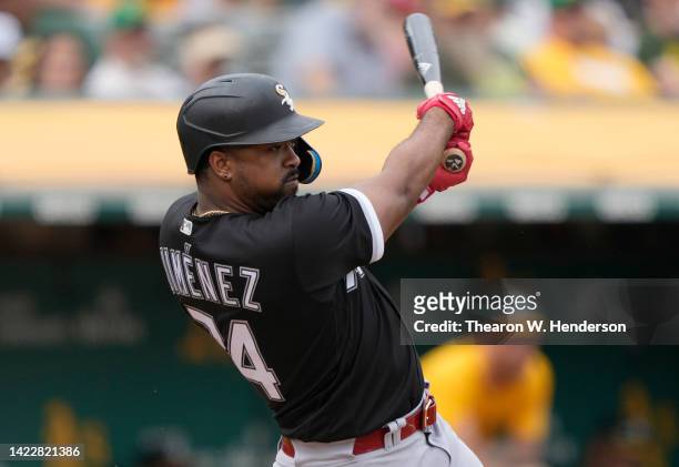 Eloy Jimenez of the Chicago White Sox bats against the Oakland Athletics in the top of the second inning at RingCentral Coliseum on September 10,...