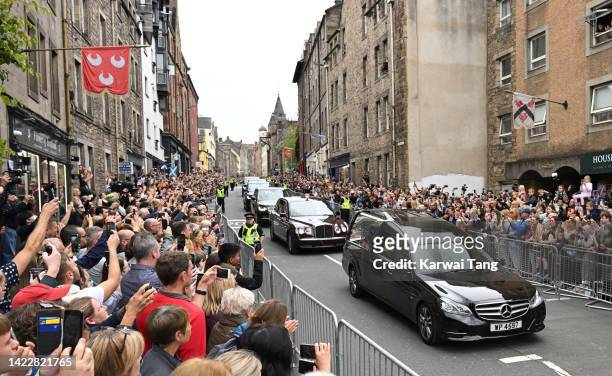 General view of The Queen’s funeral cortege as it proceeds down The Royal Mile towards Holyroodhouse on September 11, 2022 in Edinburgh, Scotland....