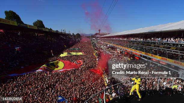 Second placed Charles Leclerc of Monaco and Ferrari celebrates on the podium during the F1 Grand Prix of Italy at Autodromo Nazionale Monza on...