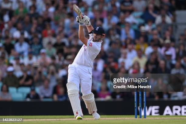 Alex Lees of England drives a delivery from Marco Jansen of South Africa to the boundary during Day Four of the Third LV= Insurance Test Match...
