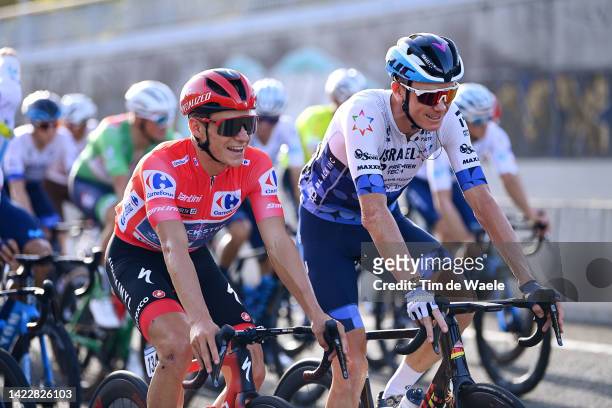 Remco Evenepoel of Belgium and Team Quick-Step - Alpha Vinyl - Red Leader Jersey and Christopher Froome of United Kingdom and Team Israel - Premier...