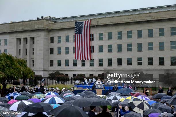 President Joe Biden delivers remarks at a ceremony commemorating the 21st anniversary of the crash of American Airlines Flight 77 into the Pentagon...